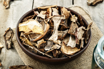 dried forest mushrooms on the table