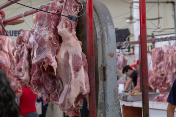 VALLADOLID, MEXICO - FEBRUARY 12, 2019: pork in the aisles of the local fruit and vegetable market