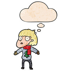 cartoon surprised christmas person and thought bubble in grunge texture pattern style