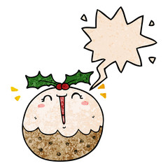 cute cartoon christmas pudding and speech bubble in retro texture style