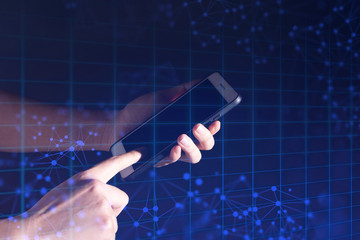 businessman touch on smartphone, social network, ai data deep learning, mobile application, telecommunication, business and finance, ui hud hologram