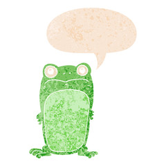 cartoon staring frog and speech bubble in retro textured style
