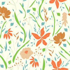 leafy 70’s vintage botanical floral vector seamless pattern cream background