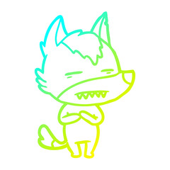cold gradient line drawing cartoon wolf showing teeth