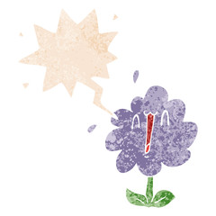 cartoon flower and speech bubble in retro textured style