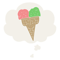 cartoon ice cream and thought bubble in retro style