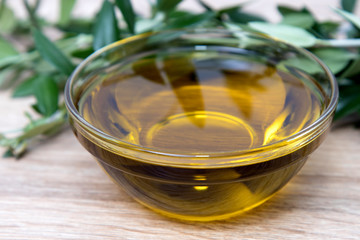 natural olive oil in glass container with olive branches