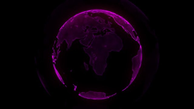 Digital neon planet of Earth. Rotating globe with shining continents. 3D animation with digital Earth and particles. Abstract global business concept