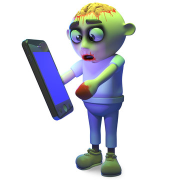 Funny undead zombie monster plays with his new smartphone tablet device, 3d illustration
