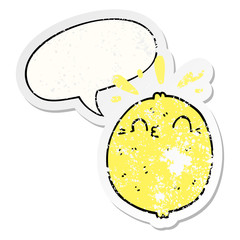 cute cartoon lemon and speech bubble distressed sticker