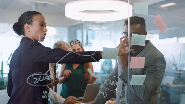 business people using sticky notes brainstorming team leader woman working with colleagues writing on glass whiteboard showing problem solving strategy in office meeting
