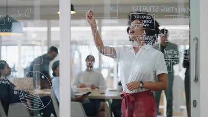 young mixed race business woman writing on glass whiteboard team leader training colleagues in meeting brainstorming problem solving strategy sharing ideas in office presentation seminar 4k - Powered by Adobe