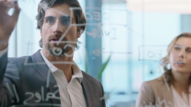 creative business people writing ideas on glass whiteboard team leader man brainstorming with colleagues working on solution discussing strategy teamwork in office meeting through glass 4k