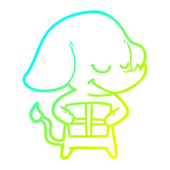 cold gradient line drawing cartoon smiling elephant with present