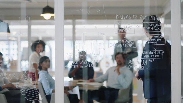 beautiful business woman writing on glass whiteboard team leader training colleagues in meeting brainstorming problem solving strategy sharing ideas in office presentation seminar 4k