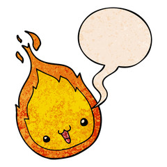 cute cartoon flame and speech bubble in retro texture style