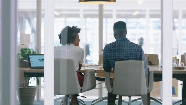 business woman consultant meeting with african american businessman client discussing ideas for startup company development in office boardroom 4k