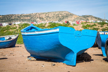Traditional blue fishing Moroccan boat