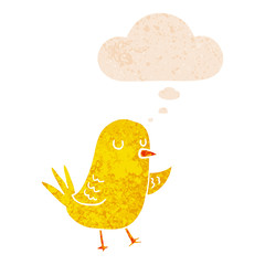 cartoon bird and thought bubble in retro textured style