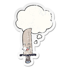 cartoon laughing knife and thought bubble as a distressed worn sticker