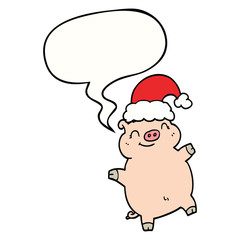 cartoon happy christmas pig and speech bubble