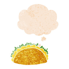 cartoon taco and thought bubble in retro textured style