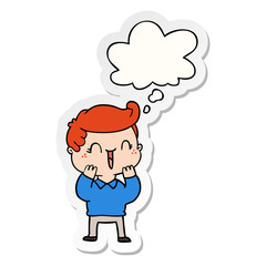 cartoon laughing boy and thought bubble as a printed sticker