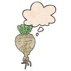 cartoon root vegetable and thought bubble in grunge texture pattern style