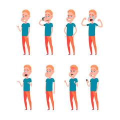 Set of male facial emotions. Bearded man emoji character with different expressions. Vector illustration in cartoon style