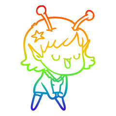 rainbow gradient line drawing happy alien girl cartoon