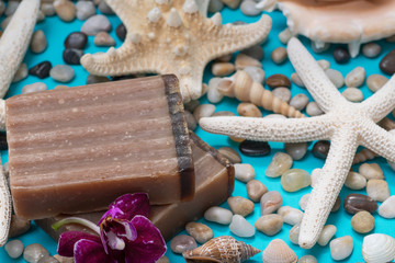 Handmade moisturizing Frankincense & Myrrh Goat's Milk Bar Soap decorated with Pebbles, Sea Stars, Sea Shells and Orchid Flower on blue background.