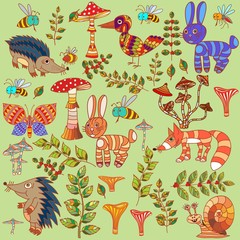 Plants, insects, and fungi. Vector illustration. EPS 10