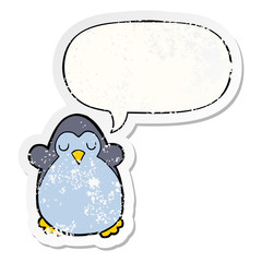 cartoon penguin and speech bubble distressed sticker