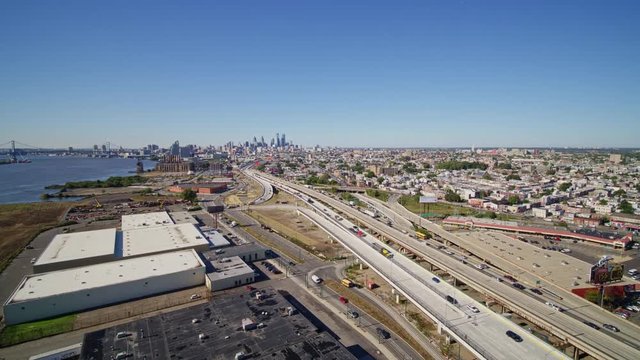 Philadelphia Pennsylvania Aerial v19 Panning around industrial waterfront area near Olde Richmond - October 2017
