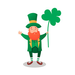 Happy Saint Patrick's Day. Character with green hat. Cartoon funny leprechaun with clover. Vector illustration