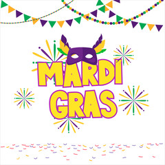 Mardi gras brochure. Vector logo with hand drawn lettering. Greeting card with shining beads on traditional colors background