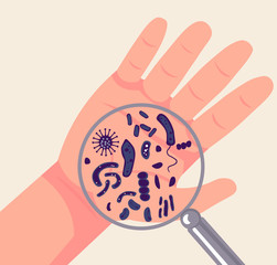 Hand germs under magnifier glass. Vector illustration isolated on white background