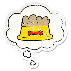 cartoon bowl of dog food and thought bubble as a distressed worn sticker