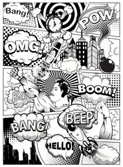 Black and white comic book page divided by lines with speech bubbles, rocket, superhero hand and sounds effect. Vector illustration