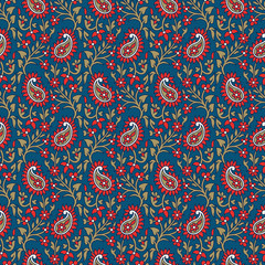 Woodblock printed indigo dye seamless ethnic floral pattern. Traditional oriental ornament of India, all over paisley motif, red and golden on blue background. Textile design. - 275519394