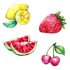 Hand drawn illustration isolated on white background. Watercolor set of fruits and berries. Design for menus, prints, postcards