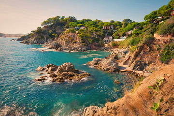 Beautiful summertime travel destination on Balearic coast of Spain, the town of Lloret de Mar