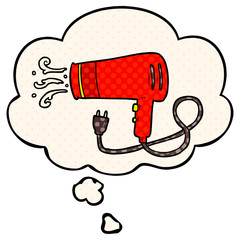 cartoon electric hairdryer and thought bubble in comic book style