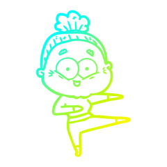 cold gradient line drawing cartoon happy old woman