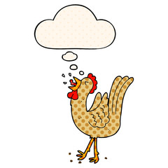 cartoon crowing cockerel and thought bubble in comic book style