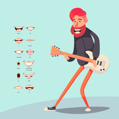 Cartoon rock artists characters singing and playing on musical instrument. guitar player and singer. vector illustration