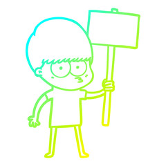 cold gradient line drawing nervous cartoon boy holding placard