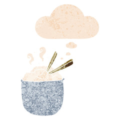 cartoon bowl of rice and thought bubble in retro textured style