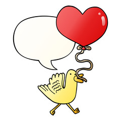 cartoon bird and heart balloon and speech bubble in smooth gradient style