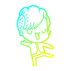 cold gradient line drawing cute cartoon girl with hipster haircut